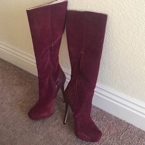 Burgundy suede knee high heeled boots